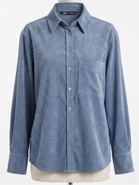 Zara Slate Blue Corduroy Button-Down Shirt Size Large